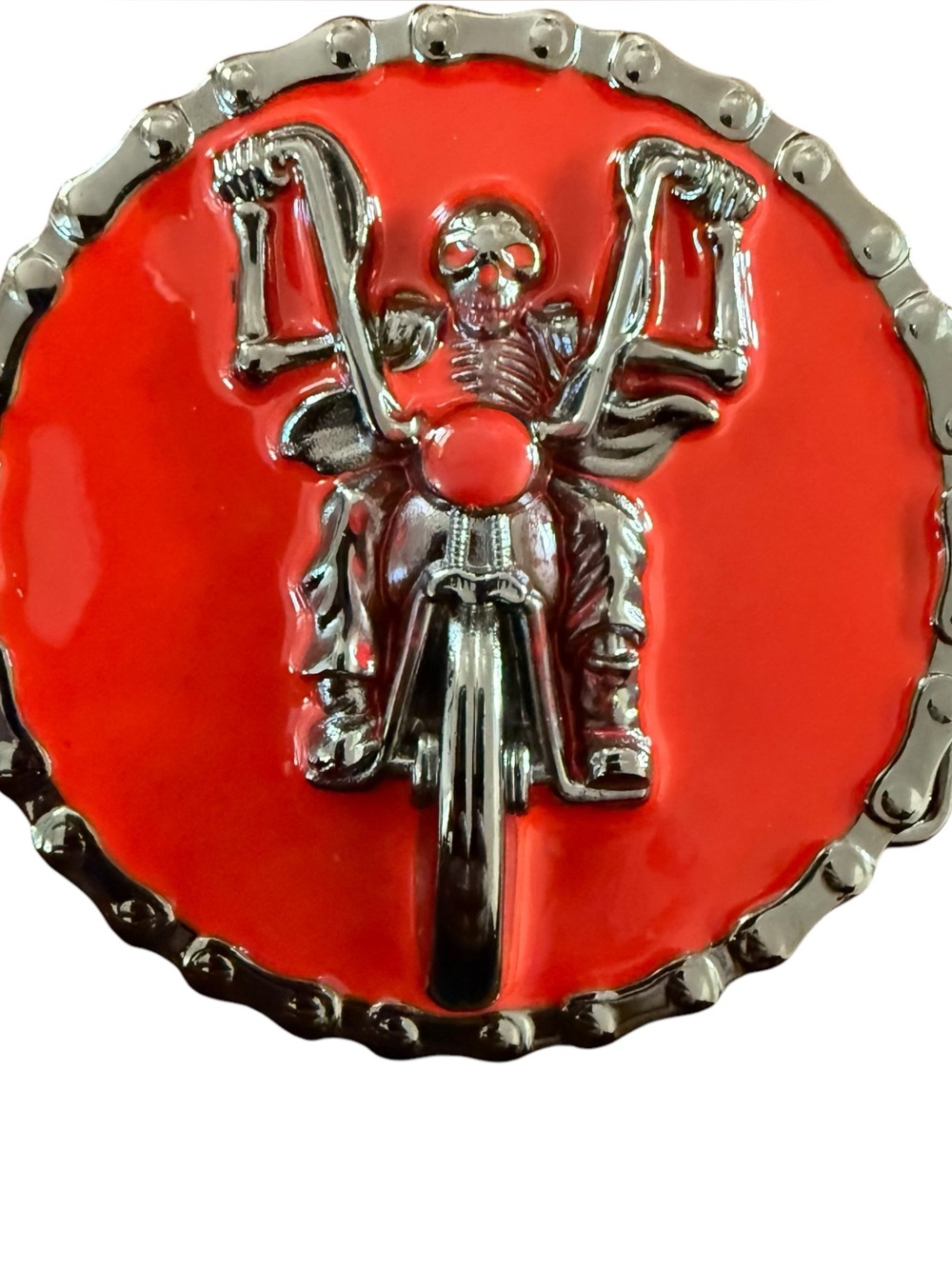 Vintage Biker Motorcycle Belt Buckle Red and Silver Tone Round